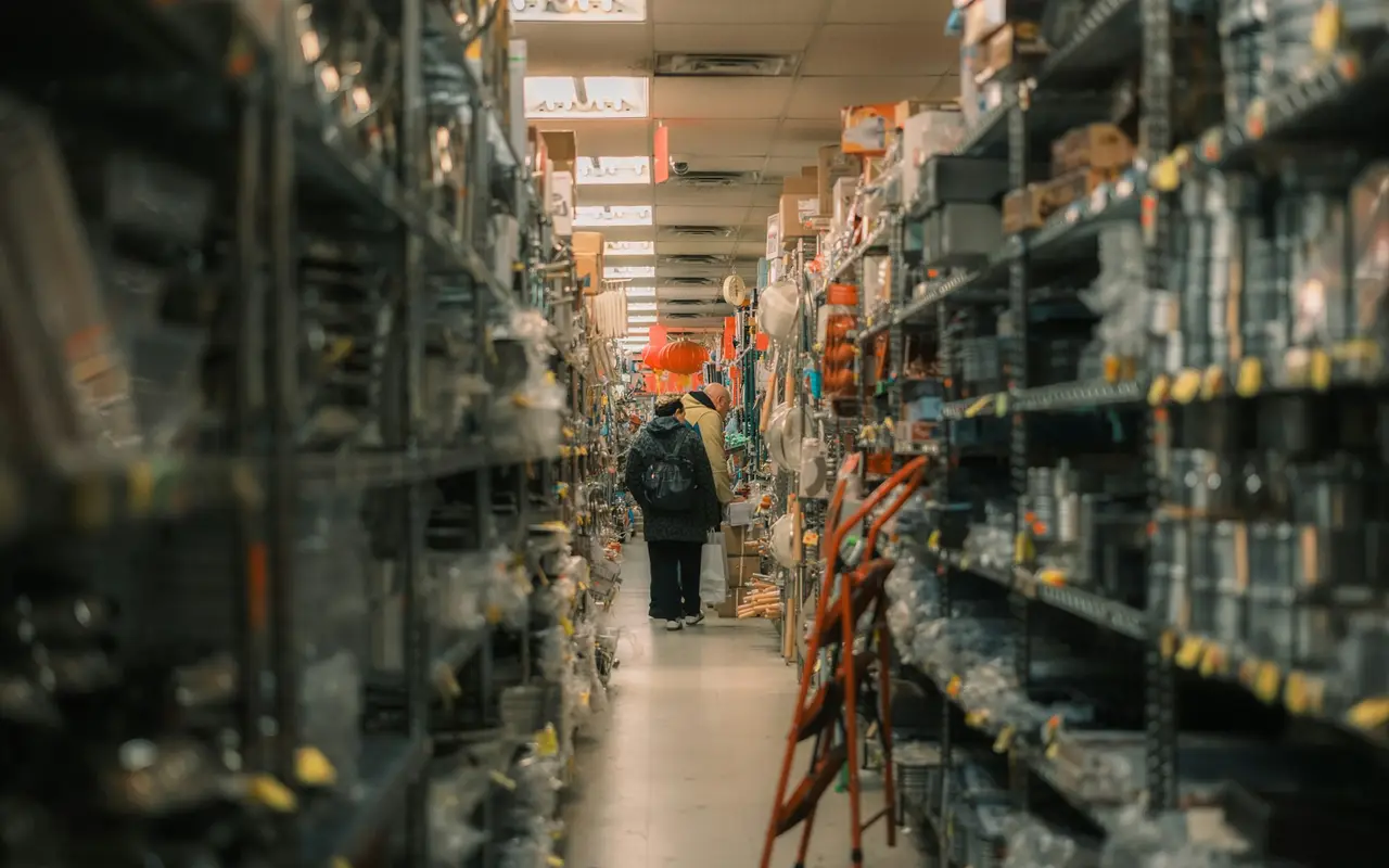 A densely stocked hardware store aisle
